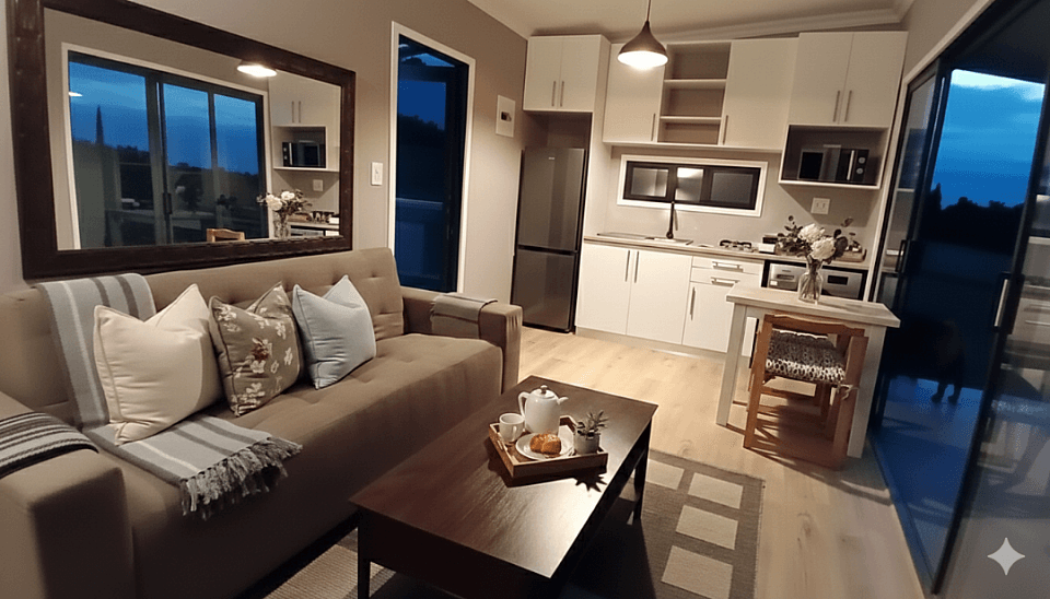 The lounge and kitchen at dusk