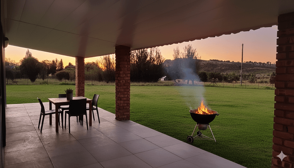 Sunset over the Witteberg from the patio, braai glowing